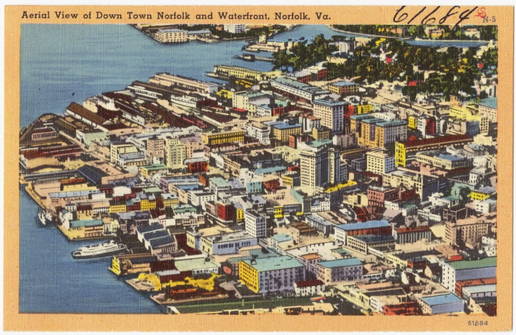 Vintage aerial view of downtown Norfolk and waterfront, Virginia
