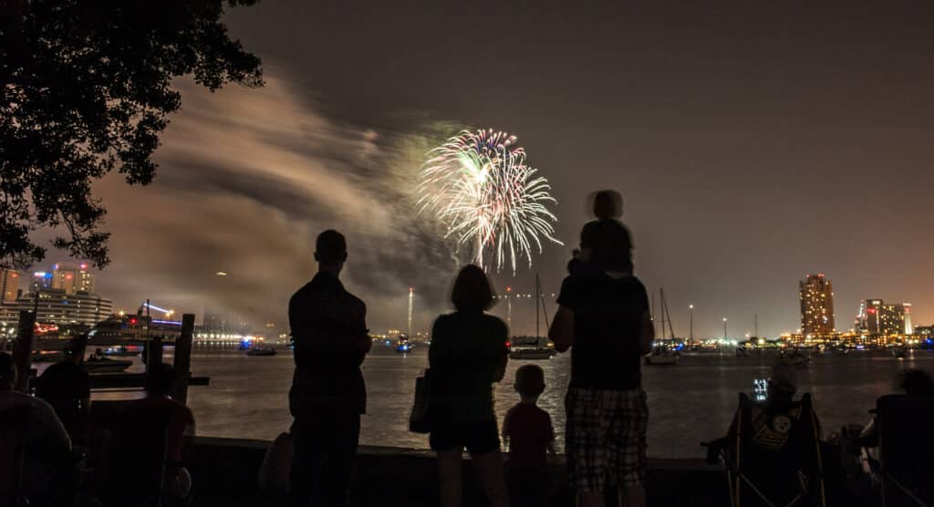 Fireworks display over the Elizabeth River, Norfolk Virginia waterfront
