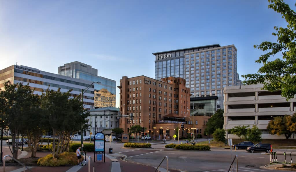 Downtown Norfolk Virginia skyline at dusk over the Elizabeth River