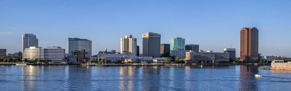 Downtown Norfolk Virginia waterfront and skyline during the day