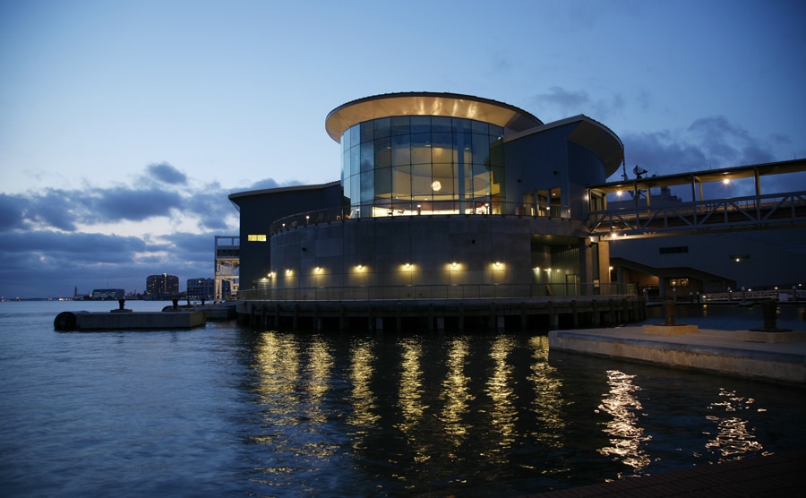 Half Moone Cruise and Celebration Center with Carnival cruise ship docked, Norfolk Virginia