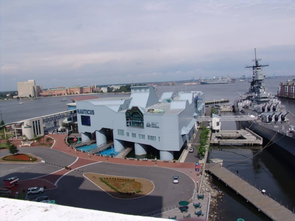 Nauticus campus complex including USS Wisconsin, Norfolk, Virginia