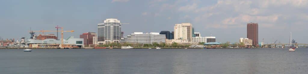 Wide panoramic skyline of Norfolk Virginia viewed across the Elizabeth River