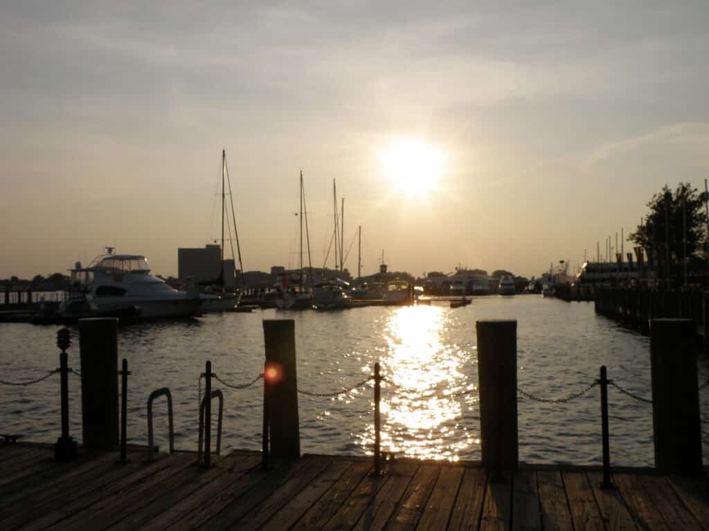 Sunset at Norfolk Waterside, Virginia, with waterfront views
