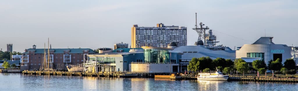 The downtown harbor of Norfolk, Virginia at sunset