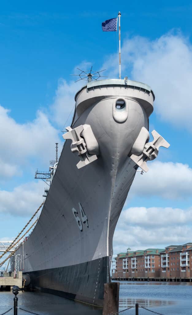 Dramatic bow view of USS Wisconsin at Nauticus, Norfolk VA
