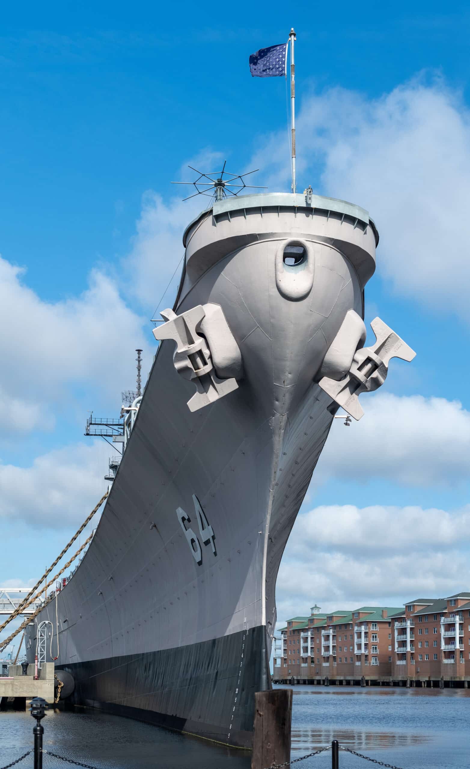 Dramatic bow view of USS Wisconsin at Nauticus, Norfolk VA