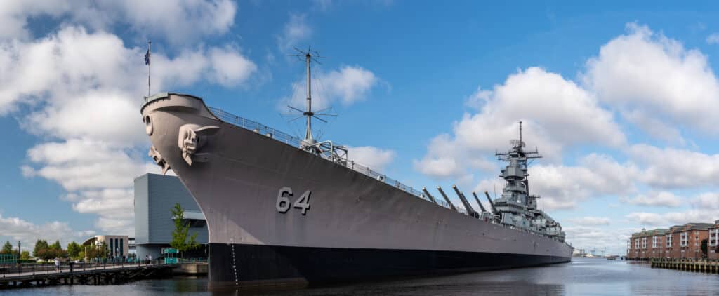 Port bow panoramic view of USS Wisconsin moored in Norfolk, Virginia