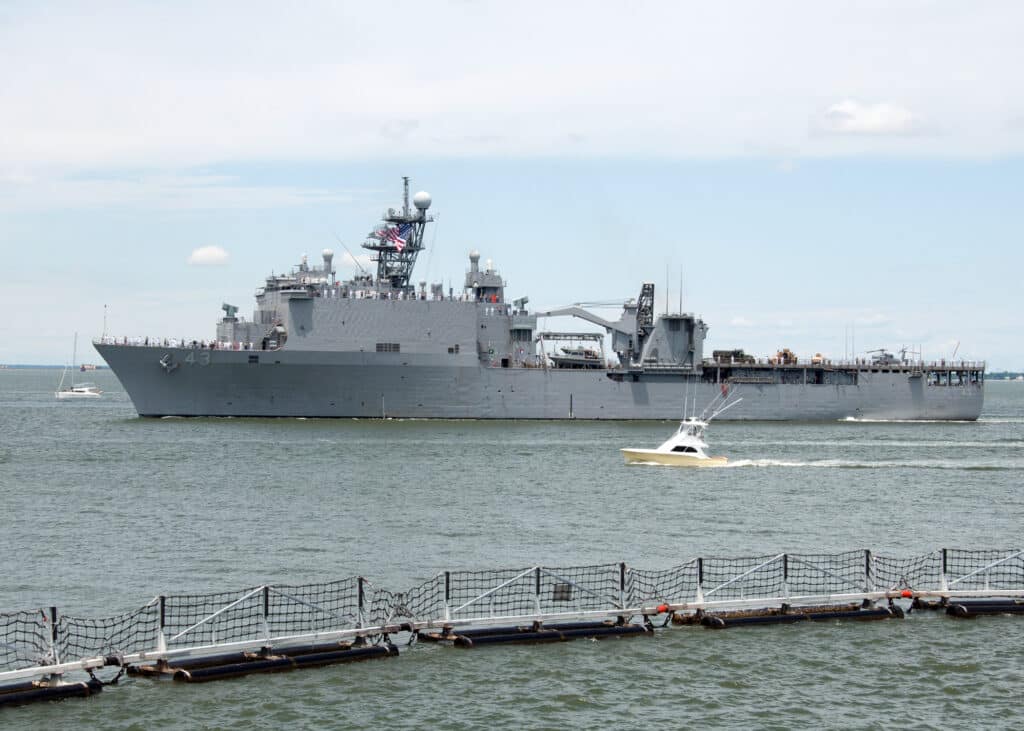 USS Fort McHenry transits past Naval Station Norfolk during OpSail 2012 Parade of Sail