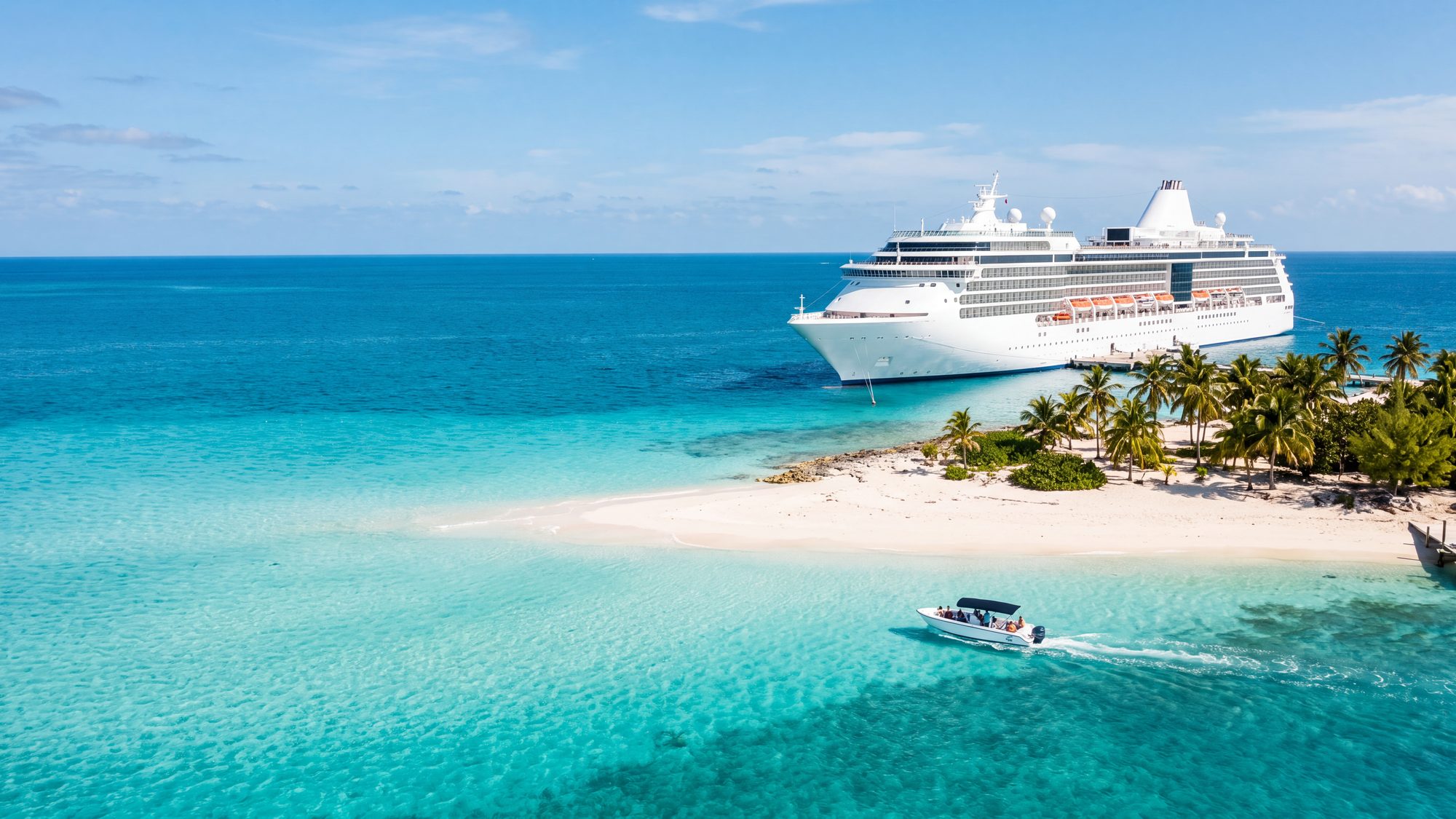 A white cruise ship anchored off a sandy Bahamas cay in shallow turquoise water, a tender heading in
