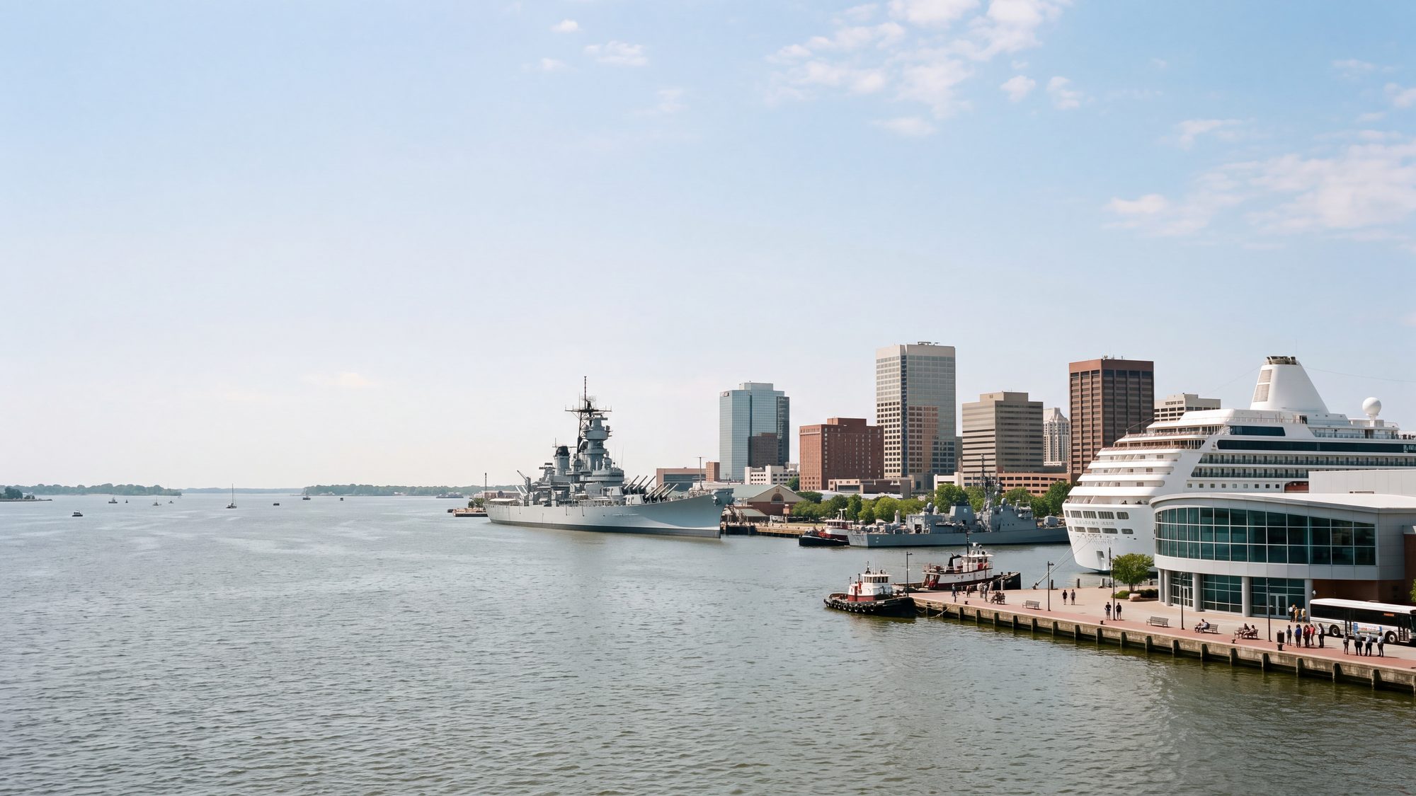 A white cruise ship docked at Norfolk's curved glass cruise terminal beside the grey battleship museum, downtown towers behind
